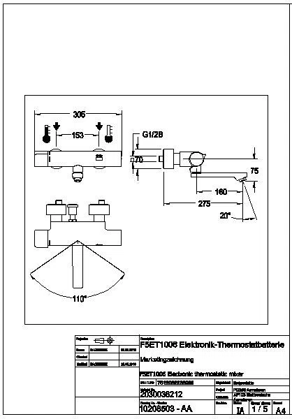 Wandbatterie, F5, elek., Thermostat, Schwenkauslauf, 275 mm, f. Netzteil, F5ET1006
