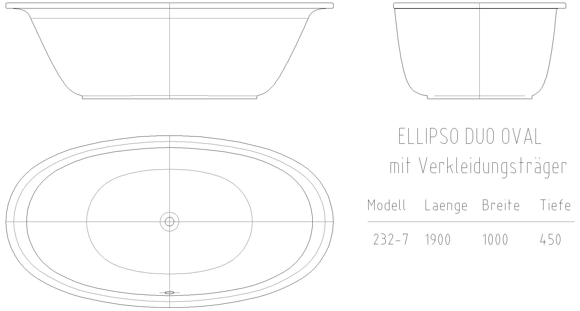 KALDEWEI ELLIPSO DUO OVAL freistehend Badewanne, 1900x1000 mm, Modell-Nr: 232-7