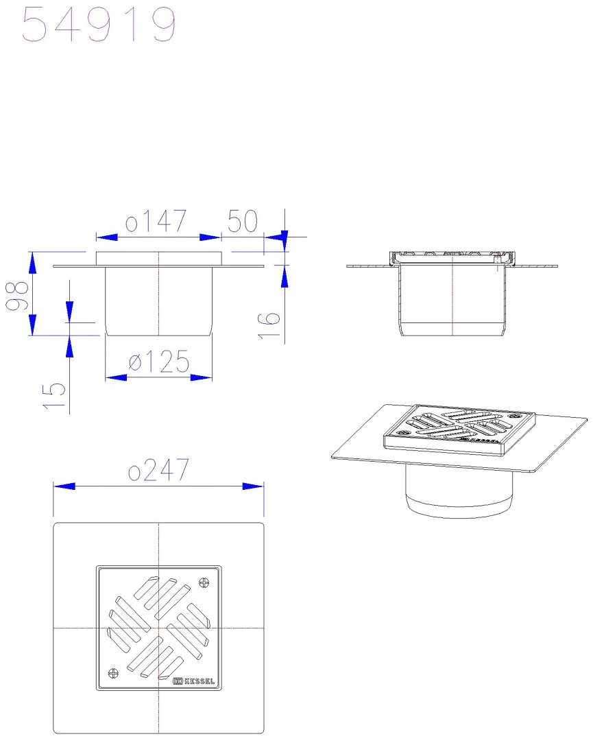 KESSEL-Aufsatzstück Ferrofix System 125 146x146,Schlitzrost,Klebeflansch