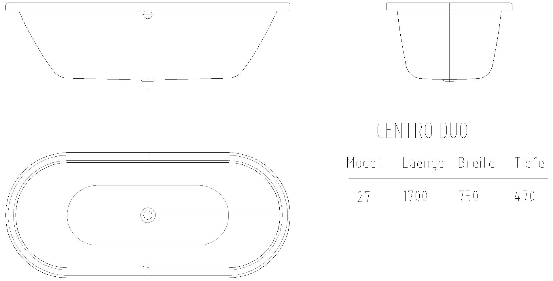 KALDEWEI CENTRO DUO OVAL Badewanne, 1700x750 mm, Modell-Nr: 127