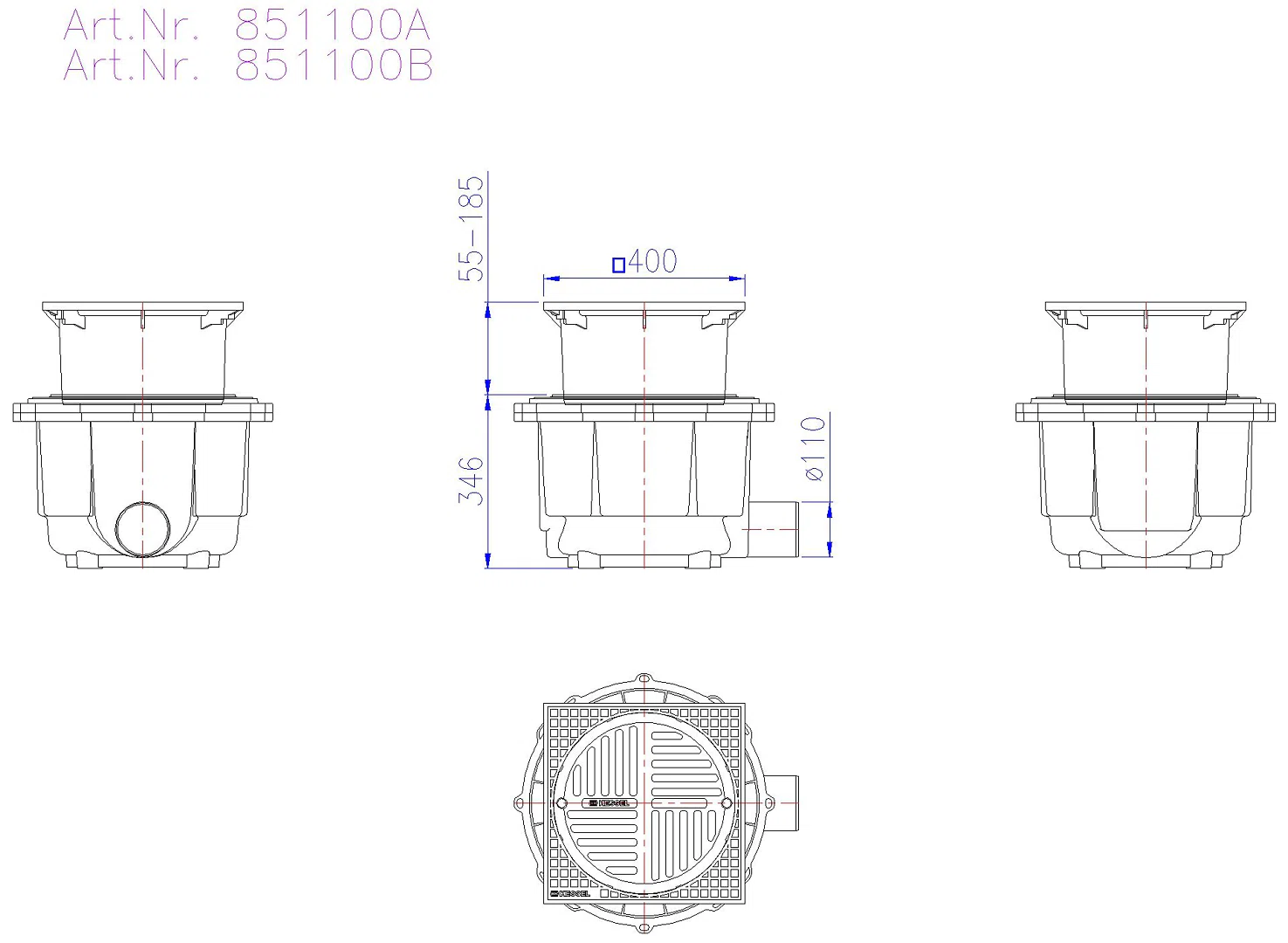 KESSEL-Hofablauf System 400 DN100,seitl., Klasse B, T: 380-510