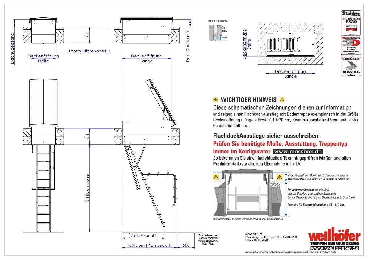 FlachdachAusstieg mit Bodentreppe StahlBlau FeuerSchutz FS30 WärmeSchutz WS3D