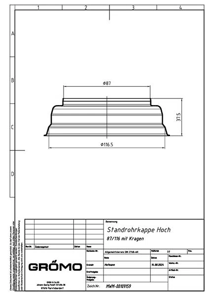 Alu Standrohrkappe ø87/116 hoch, #Art.Nr. 84838