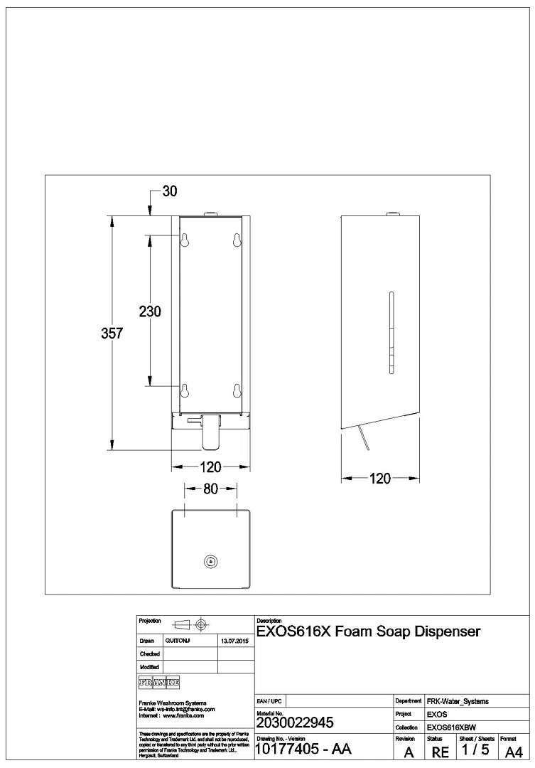 Schaumseifenspender, EXOS, Edelstahl, Aufputz, 120x320x120 mm, EXOS616X
