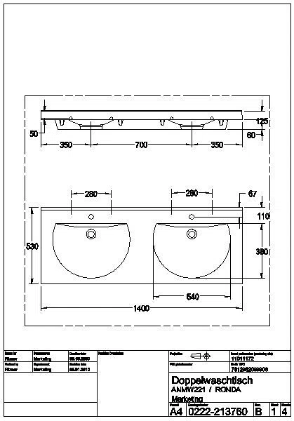 Doppelwaschtisch, RONDA, MIRANIT, 1400x125x530 mm, Mulden rund, Hahnloch, ANMW221