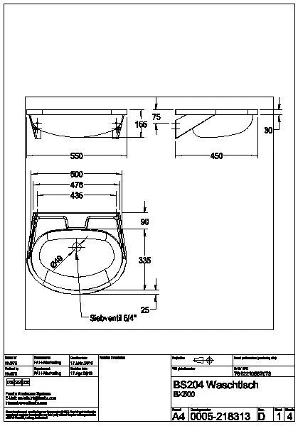 Handwaschbecken, ANIMA, Edelstahl, 550x155x450 mm, ohne Überlauf, BS204