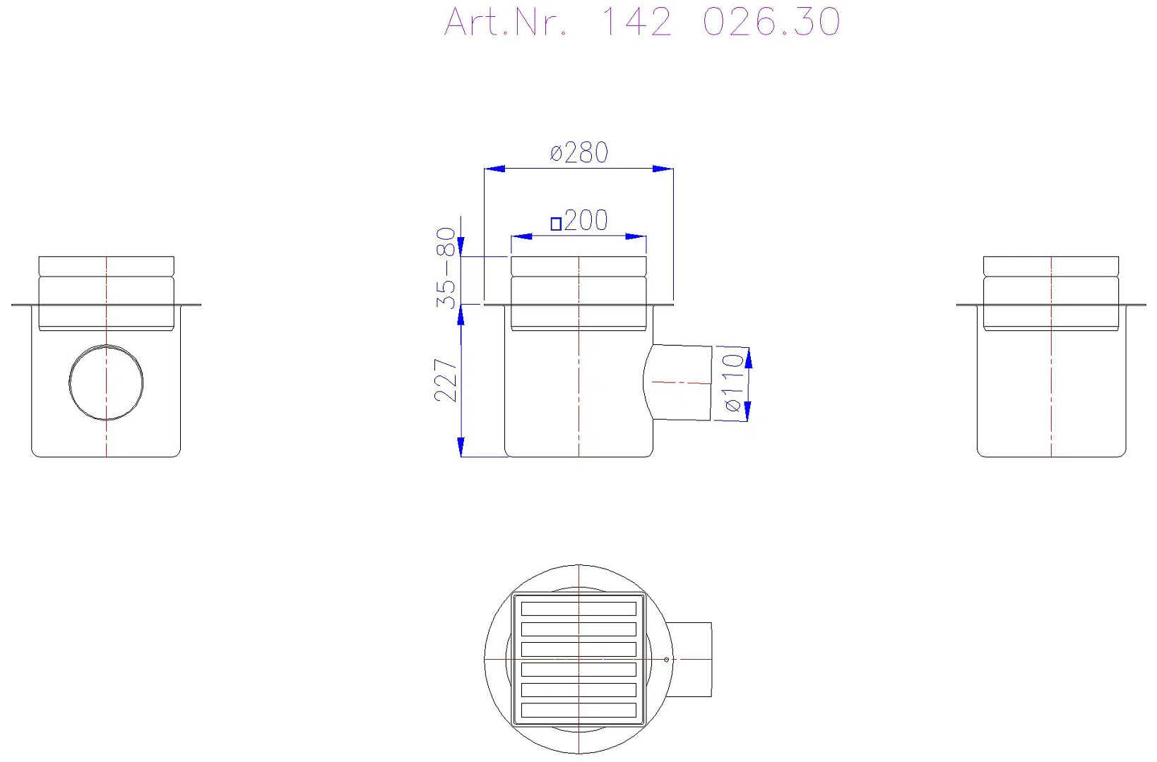 KESSEL-Ablauf Ferrofix DN 100 seitl., Stegrost 190x190mm