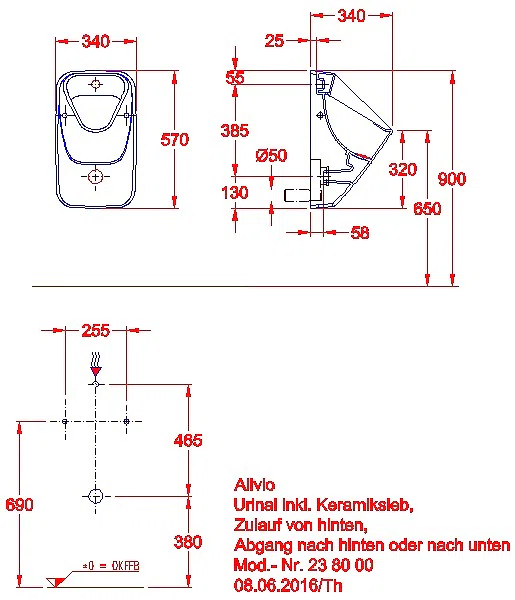 Alivio Urinal mit Ablaufsieb, Zul.hi. Abgang nach hinten oder unten_kgv_Alivio_238000