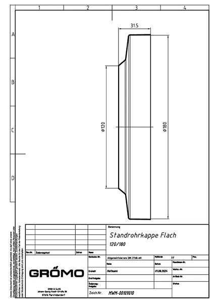 Kupfer Standrohrkappe ø120/180 flach, #Art.Nr. 60714