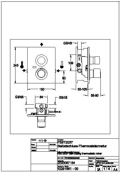 Duscharmatur, F5, hydr., Thermostat, UP, F-Set, Hygieneeinheit, 2xBypass, F5ST2037