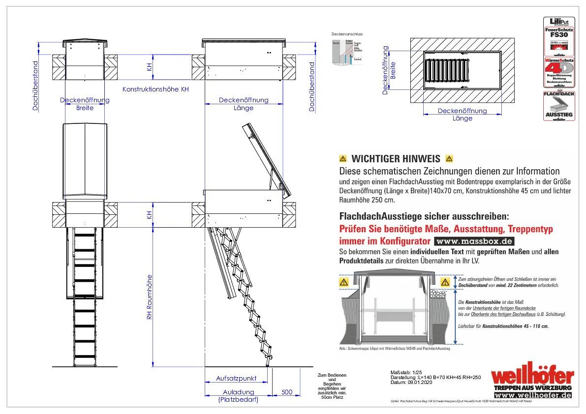 FlachdachAusstieg mit Scherentreppe Liliput FeuerSchutz FS30 WärmeSchutz WS4D