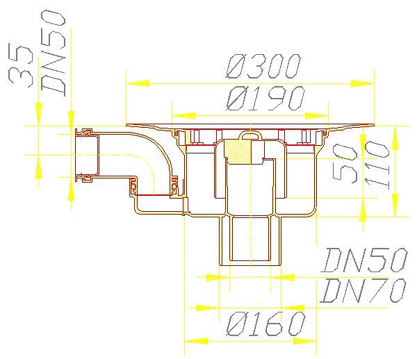 DALLMER Ablaufgehäuse 61/1 HT, Zulauf DN 50, DN 50/DN 70