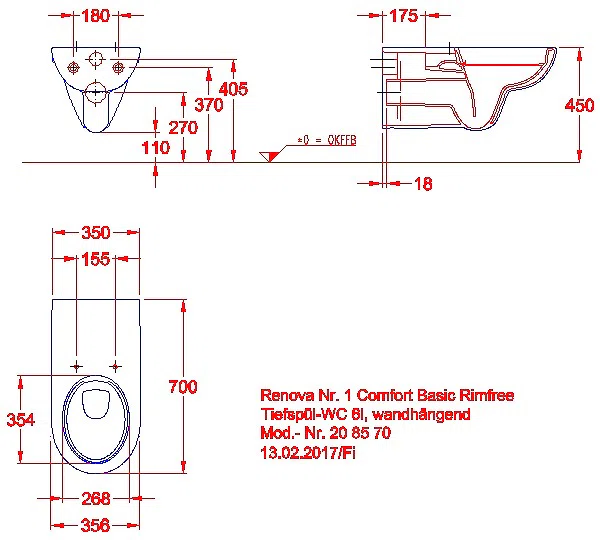 Renova Comfort Wand-WC Tiefspüler Rimfree, Ausld. 70cm_kgv_r1_comf_basic_208570