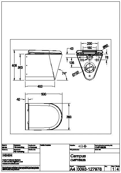 T-WC, CAMPUS, Edelstahl, wandhängend, 360x409x500 mm, weißer Sitz, CMPX592WN