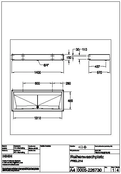 Reihenwaschanlage, PRESTIGE, Edst., 1400x150x570 mm, 2 Waschplätze, PREL214
