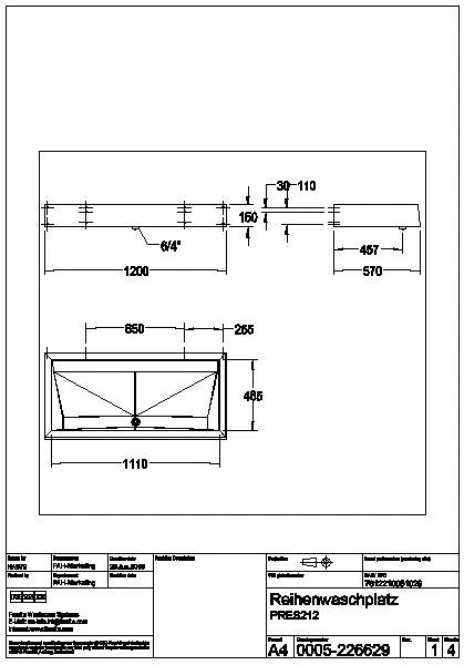 Reihenwaschanlage, PRESTIGE, Edst., 1200x150x570 mm, 2 Waschplätze, PRES212
