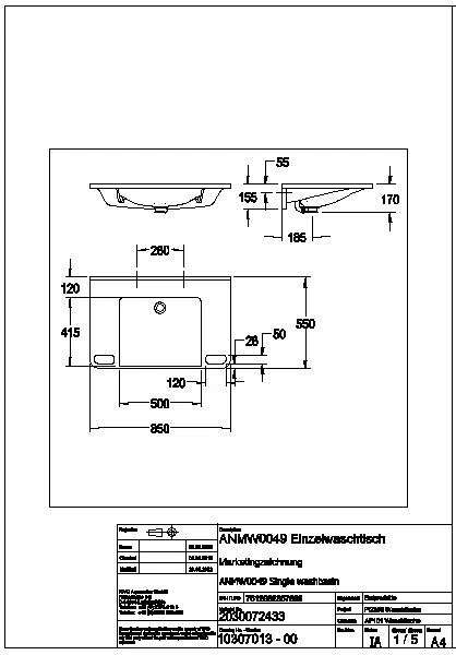 Einzelwaschtisch, MEDCARE, MIRANIT, 850x150x550 mm, weiß, Überlauf, Griff, ANMW0049