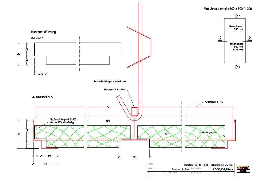 Montage mit sichtbarenverdeckten Schienen im T35-Deckensystem