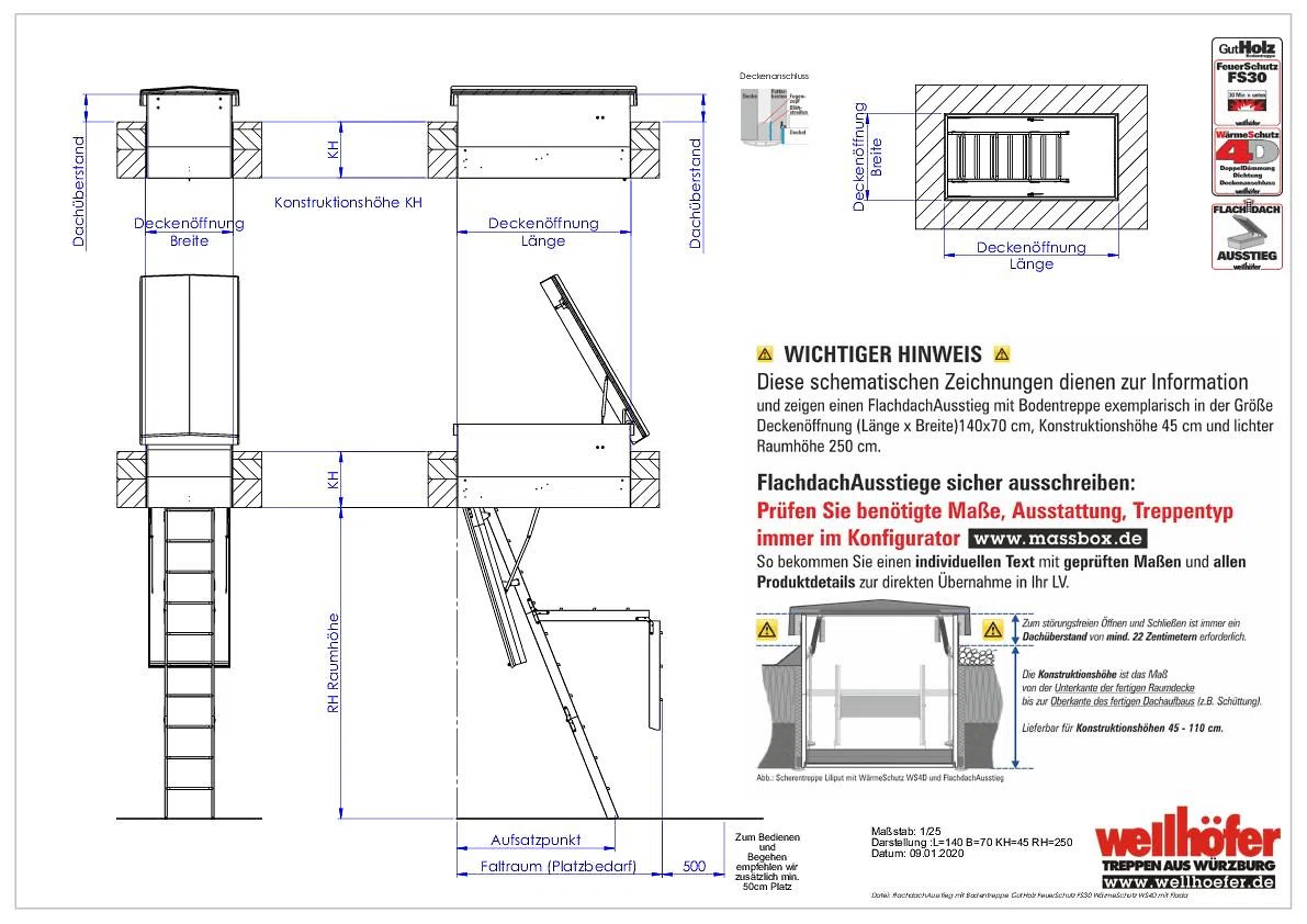 FlachdachAusstieg mit Bodentreppe GutHolz FeuerSchutz FS30 WärmeSchutz WS4D
