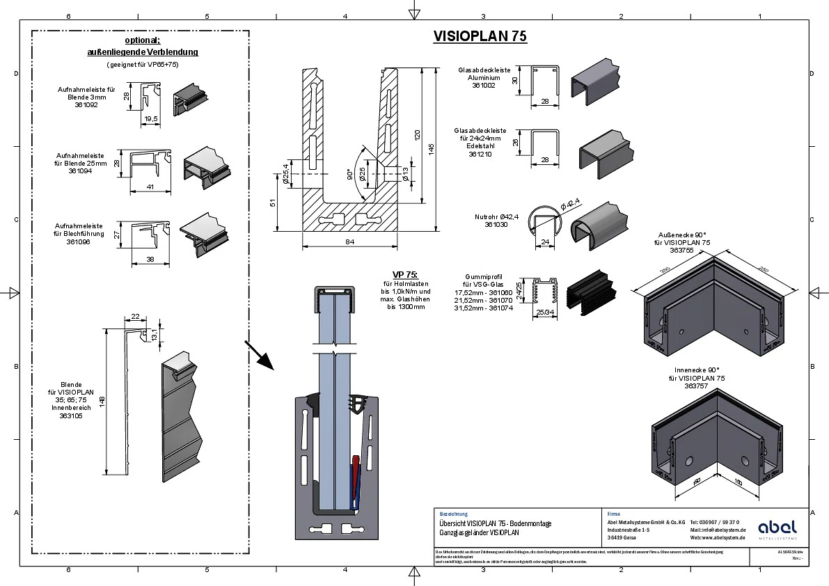 VISIOPLAN 75, Ganzglasgeländer - Seitenmontage