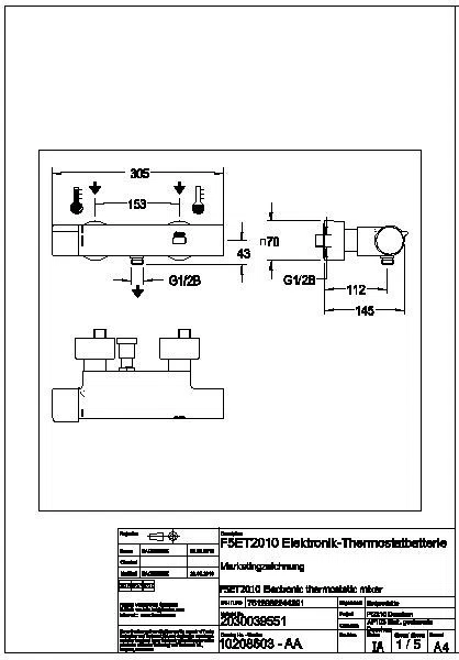 Wandbatterie, F5, elek., Thermostat, für Handbrause, TD, für Netzteil, F5ET2010