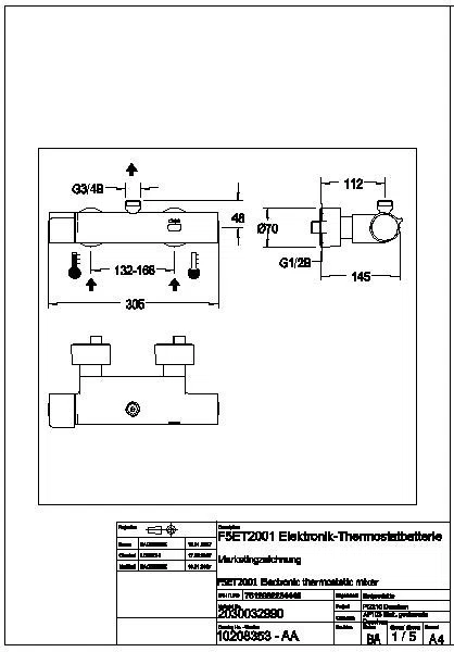Wandbatterie, F5, elek., Thermostat, für Bogen/Duschrohr, Batterie, F5ET2001