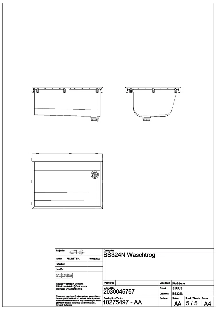 Einlegewaschtrog, SIRIUS, Edelstahl, 670x281x520 mm, Ablauf rechts, BS324N