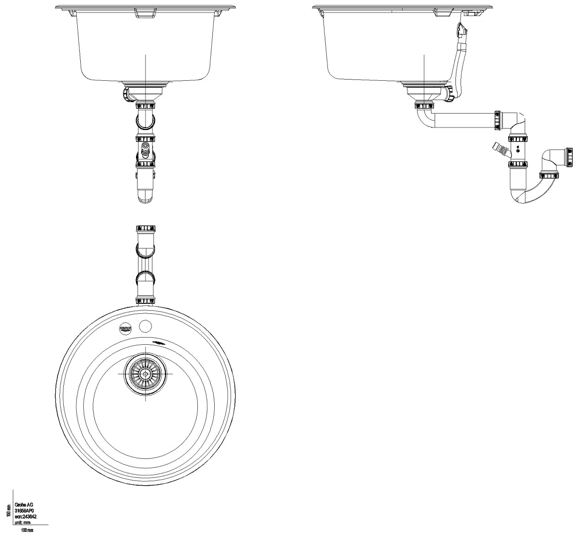 GROHE Kompositspüle K200 31656 1 Becken rund Durchmesser 510 mm granit schwarz