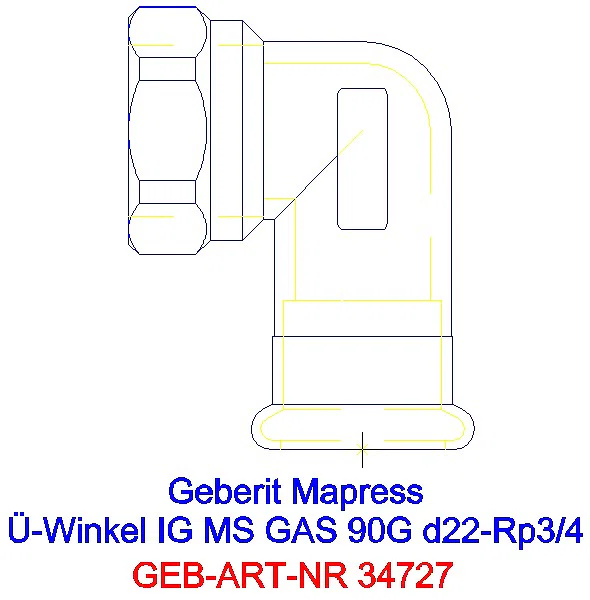 GE Mapress Kupfer Übergangswinkel 90Gr mit IG (Gas) Ms d22-Rp3/4_34727_A