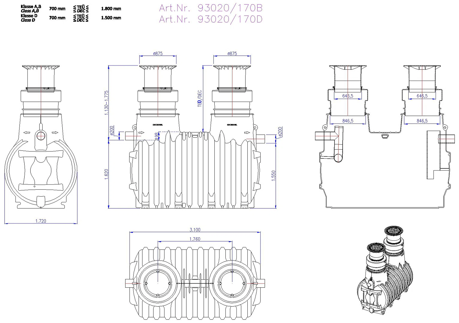 KESSEL-Fettabscheider EasyClean ground NS 20, Standard, 1130-1755 mm, Kl. A/B