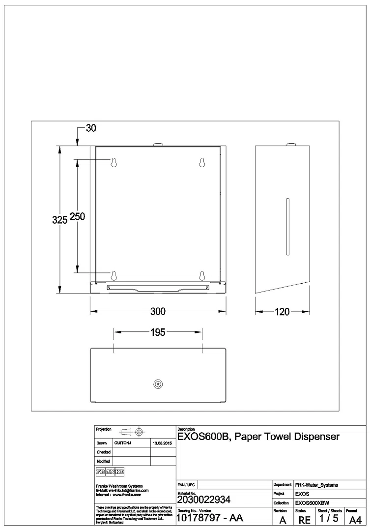 Papierhandtuchsp., EXOS, Edelstahl, AP, 300x326x210 mm, Front ESG schwarz, EXOS600B