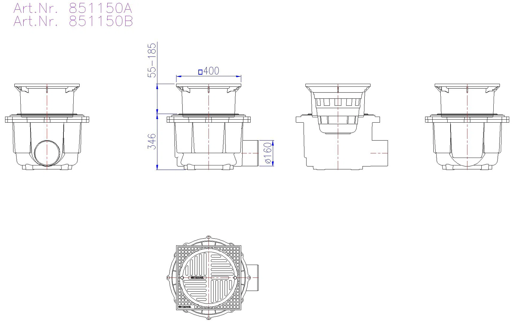 KESSEL-Hofablauf System 400 DN150,seitl., Klasse B, T: 380-510