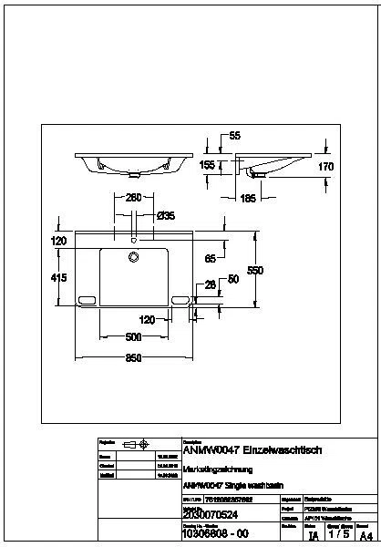 Einzelwaschtisch, MEDCARE, MIRANIT, 850x150x550 mm, weiß, Hl., Ül., Griff, ANMW0047