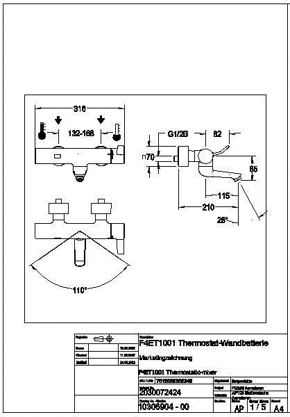 Wandbatterie, F4, elek., Thermostat, Schwenkauslauf, 210 mm, Batterie, F4ET1001