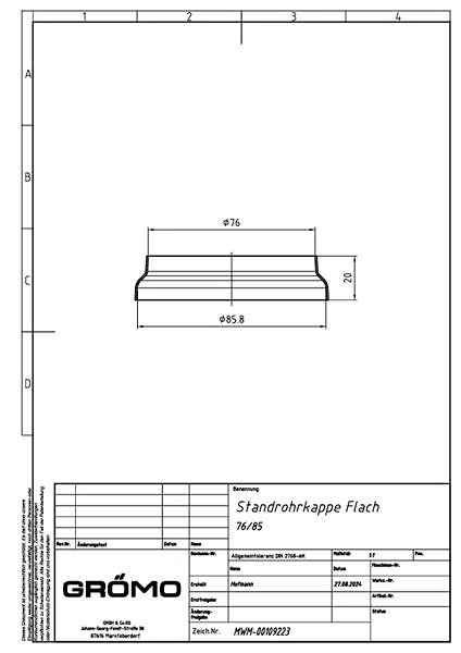 Zink Standrohrkappe ø76/85 flach, #Art.Nr. 62699