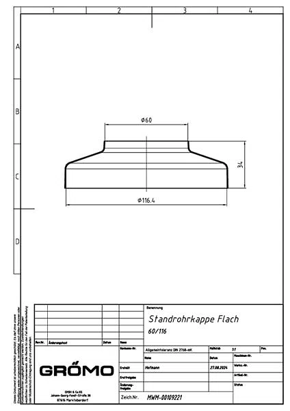 Zink Standrohrkappe ø60/116 flach, #Art.Nr. 62700