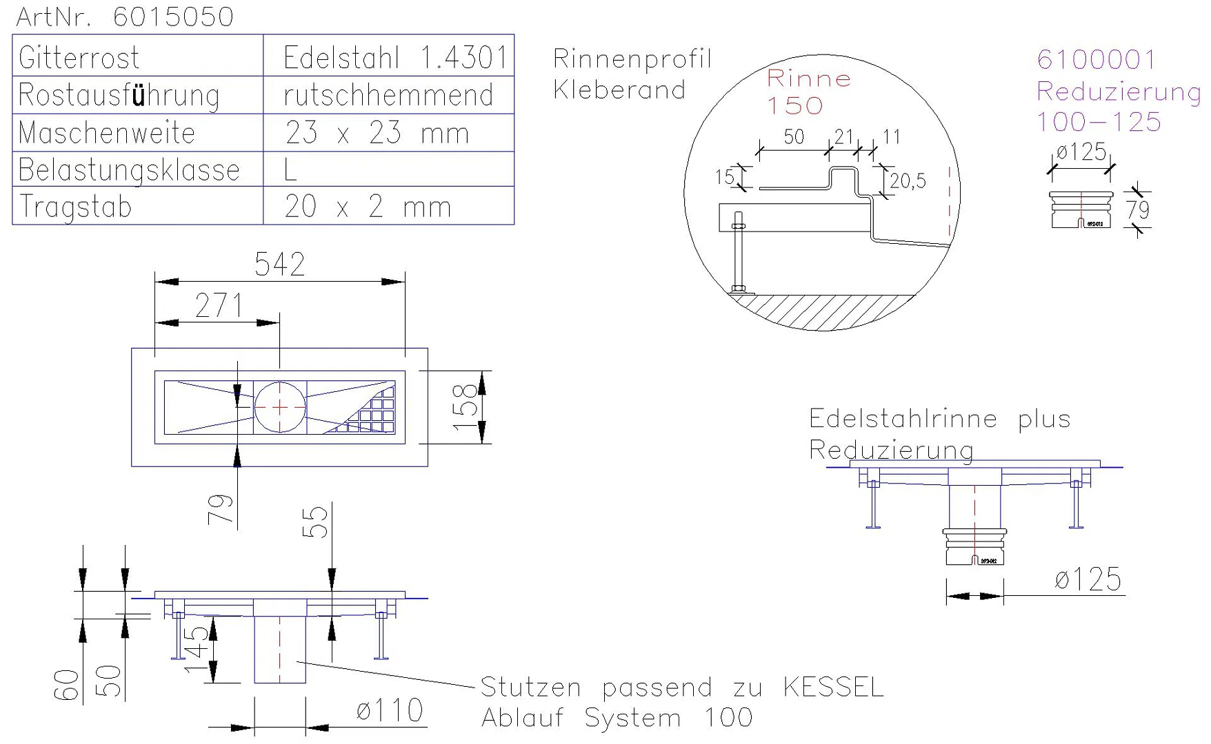 KESSEL-Kastenrinne Ferrofix Klebeflansch H: 15 mm, 153 x 511 mm