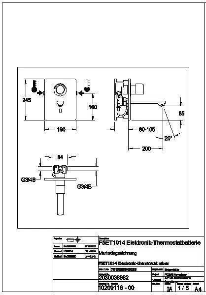 Wascharmatur, F5, elek., Thermostat, UP, F-Set, Ausld. 200mm, 6l, f. Netzteil, F5ET1014