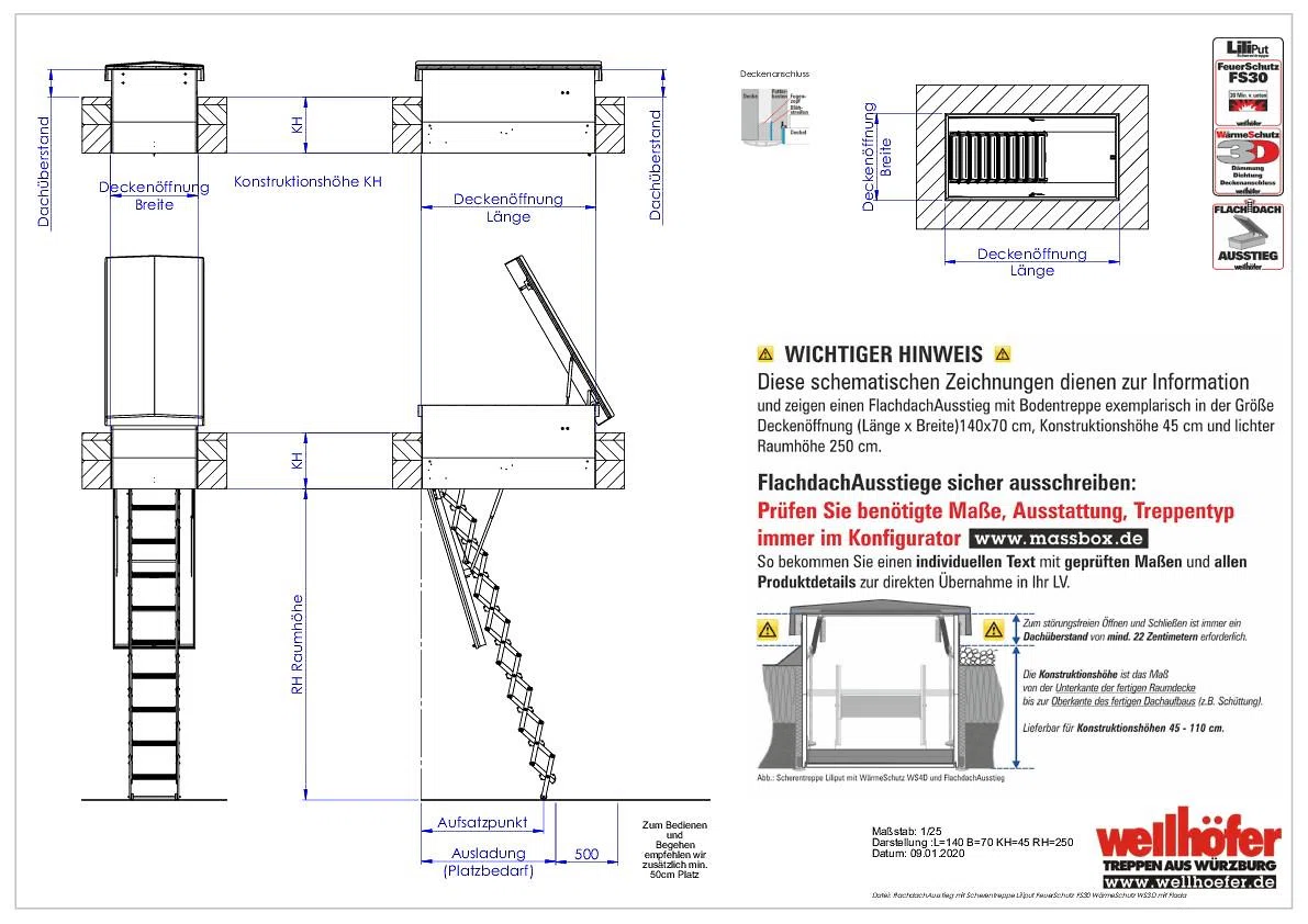 FlachdachAusstieg mit Scherentreppe Liliput FeuerSchutz FS30 WärmeSchutz WS3D