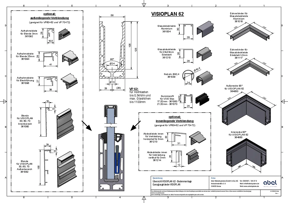 VISIOPLAN 62, Ganzglasgeländer - Bodenmontage
