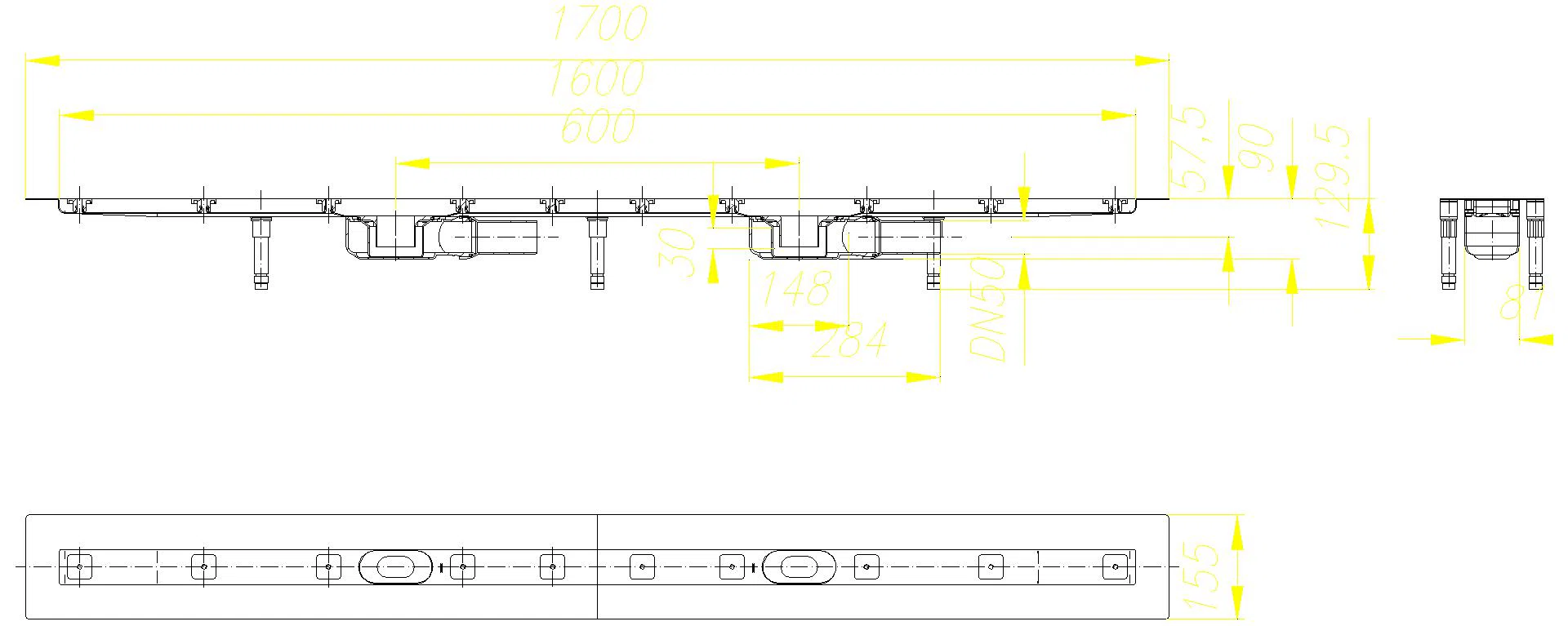 DALLMER Duschrinne CeraLine Plan F Duo 1600 mm, DN 50