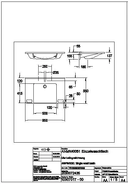 Einzelwaschtisch, MEDCARE, MIRANIT, 850x150x550 mm, weiß, Hahnloch, Griff, ANMW0051