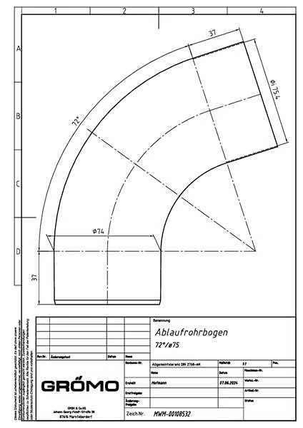 Zink Rohrbogen 72° ø75 neutral, #Art.Nr. 62075