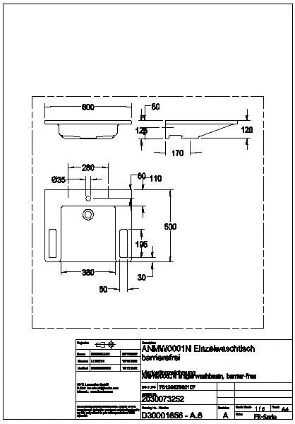 Einzelwaschtisch, EXOS, MIRANIT, 600x125x500 mm, weiß, Hahnloch, Griff , ANMW0001N