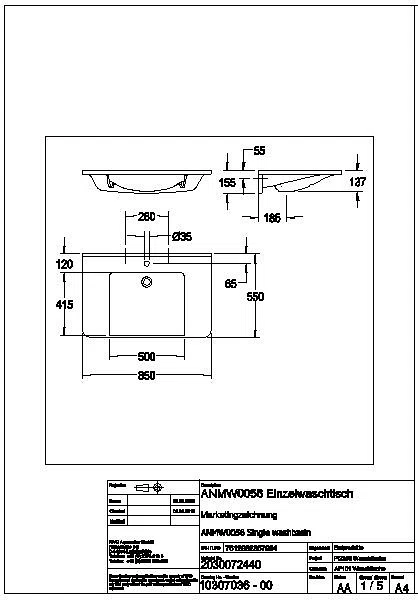 Einzelwaschtisch, MEDCARE, MIRANIT, 850x150x550 mm, weiß, Hahnloch, ANMW0056