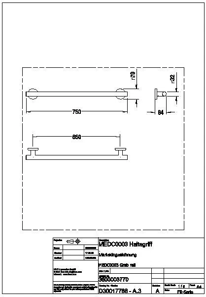 Haltegriff, MEDCARE, Edelstahl, grau, 756x72x84 mm, Griffbreite 750 mm, MEDC0003