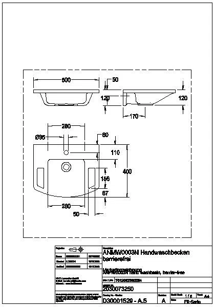Handwaschbecken, EXOS, MIRANIT, 500x125x400 mm, weiß, Hahnloch, Griff, ANMW0003N