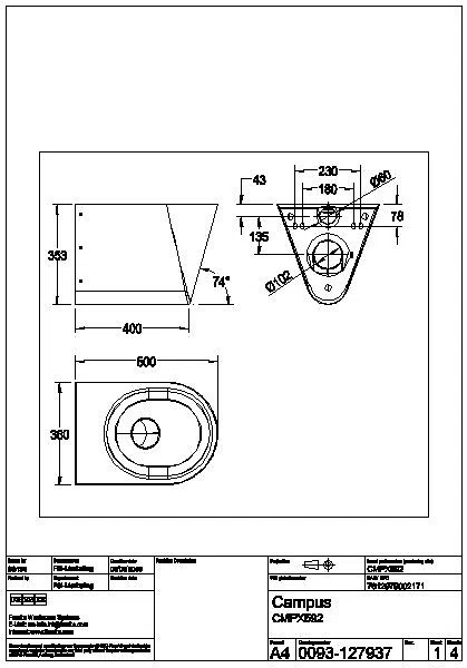 T-WC, CAMPUS, Edelstahl, wandhängend, 360x353x500 mm, ohne Sitz, CMPX592