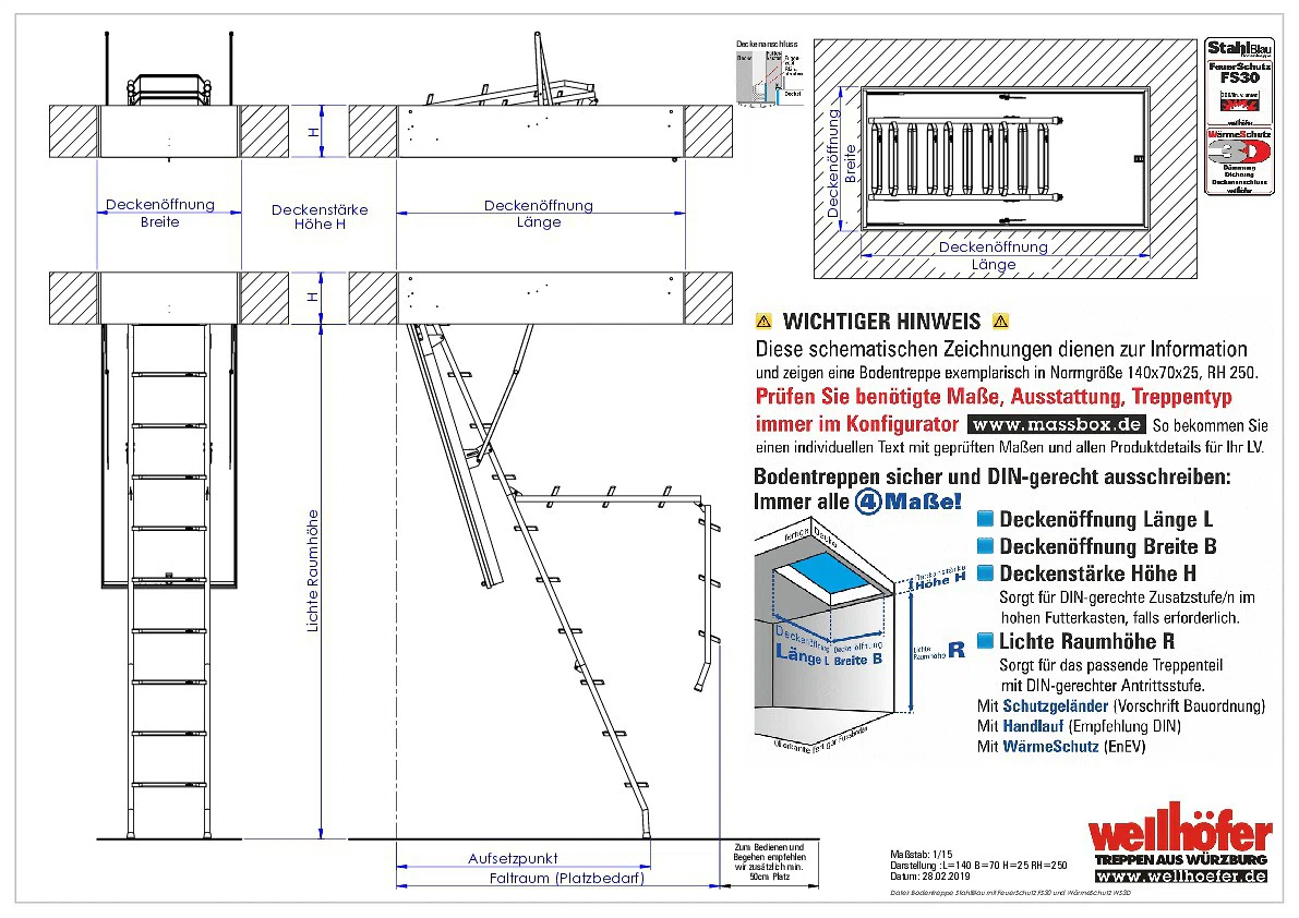 Bodentreppe StahlBlau mit FeuerSchutz FS30 und WärmeSchutz WS3D