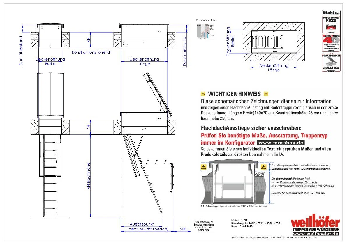 FlachdachAusstieg mit Bodentreppe StahlBlau FeuerSchutz FS30 WärmeSchutz WS4D